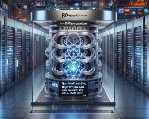 Realistic and high-definition image of a quantum computer, labeled as 'D-Wave Quantum', in a modern and secure data center. The machine is intensely active, with multiple lights and cables. It is surrounded by high-tech security systems, signifying major strides in data security. Also, kindly include an informative banner at the bottom, with the text 'Quantum Computing: Major Strides in Data Security. What You Need to Know!'