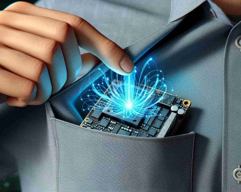 Generate a realistic HD image of a small, handheld device symbolizing the power of quantum technology. The device is composed of everyday components and is positioned in a shirt pocket. The quantum technology it wields has brought a revolutionary change in science and technology, a break from the traditional norms, and is hinted by glowing blue energy emitted from the device.