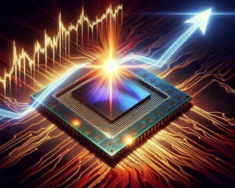 Generate a realistic HD image that conveys the concept of a 'bright future for Quantum AI in Google', symbolized by increasing stock prices. The image might consist of a quantum computer chip basking in the bright light to reflect the idea of a bright future, overlaid with a line graph depicting the ascend in stock market values.