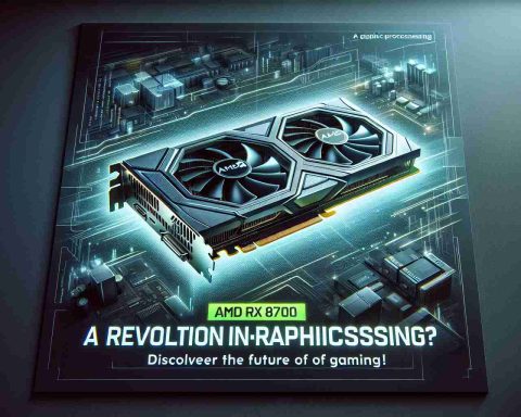 Create a realistic, high-definition image of a next-generation graphics card, labeled as 'AMD RX 8700'. Depict the graphics card as futuristic and revolutionary, with the phrase 'A Revolution in Graphics Processing? Discover the Future of Gaming!' appearing prominently in an impressive, engaging design.