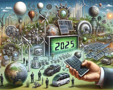 A high definition, photorealistic image depicting the future of green technology investments. The scene shows a variety of futuristic sustainable technology devices and tools. In the drawing, including solar panels, wind turbines, and electric vehicles are scattered throughout, symbolizing the transformative potential of investing in these areas for the year 2025. In the background, a digital calendar displays the year 2025, underscoring the near-term feasibility of this green revolution. The idealism of the scene is reflected in the faces of people of varied genders and descents, displaying a range of emotions from optimism to determination.