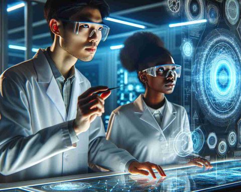 Generate a realistic HD image representing the concept of scientists making a mind-bending discovery. It should feature an East Asian male scientist and a Black female scientist, both in a high-tech lab looking at holographic displays of complex data and equations. The image should evoke a sense of discovery, awe and intellectual excitement.