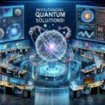 Create a detailed scene that embodies the concept of 'Revolutionizing Quantum Chemistry'. Perhaps this might include atomic models with swirling electrons, a large periodic table filled with colorful symbols, a force field analysis of a molecule, or digital charts showing ground-breaking data. A futuristic lab setting could be the backdrop, complete with transparent screens displaying quantum computations, lab equipment glowing with energy, and high-tech tools used by scientists. The words 'Discover the Cutting-Edge Solutions!' could be showcased prominently, suggesting the impact and potential of this innovative field.