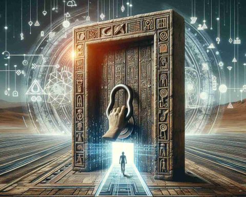 Generate a realistic, high-definition image representing the concept of 'Unlock the Future'. This picture should depict Simplilearn's symbolic role in the skill revolution. The visual can perhaps portray a massive, ancient door being unlocked, hinting at endless possibilities of the future. On the door, engrave traditional symbols of various skills, indicating old methods being unlocked for new approaches. Around the door, show a digital or technological aura, capturing Simplilearn's role in modernizing skills and education.