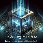 Create a high-definition, realistic image depicting the concept of a future unlocked by quantum computing solutions. This can be represented by a futuristic, glowing quantum computer with streams of binary codes visible and keys symbolically floating around. Make sure to include the text 'Unlocking the Future: Quantum Computing Solutions Are Here!' prominently in the image.