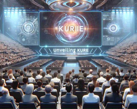 A realistic, high-definition image showcasing the 'Unveiling of Kurie', relating to advancements in the field of quantum communication. In this image, the term 'Kurie' is prominently displayed, signifying a new technology term. The scene is set in a modern tech conference, with a large main stage featuring a futuristic design. It is populated by a diverse group of male and female scientists of various descents such as Caucasian, Hispanic, Black, Middle-Eastern, and South Asian, all eagerly anticipating the reveal.