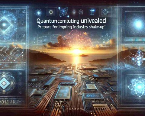 Generate a realistic, high-definition image that visually depicts the concept of quantum computing as a new dawn for problem-solving, signifying an impending industry shake-up. Include elements such as circuitry, quantum symbols, and maybe a dawn sunrise to represent the new era. The image could also include text headlines such as 'Quantum Computing Unveiled' and 'Prepare for Industry Shake-ups!'