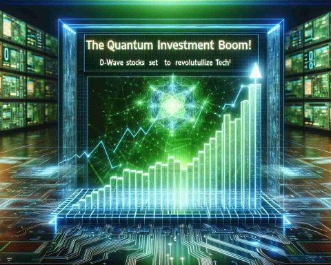 A high definition, realistic image capturing the phenomenon of the 'Quantum Investment Boom'. The scene showcases a rising graph, symbolizing the increasing value of D-Wave stocks, hue in shades of green to indicate growth and prosperity. The backdrop is set within a tech-themed environment, perhaps with circuit board patterns or futuristic digital motifs. The title, 'The Quantum Investment Boom! D-Wave Stocks Set to Revolutionize Tech', is displayed prominently on the image in an eye-catching, modern font.