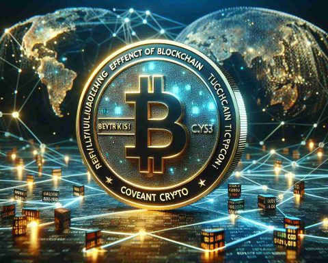 A high-resolution, realistic image representing the revolutionizing effect of blockchain technology. The focus is on 'Covalent Crypto', an evident powerhouse in the field. Depict in the scene digital code in the form of chains, symbolizing the blockchain. Use 3D graphics to showcase a large, sparkling, feature-rich crypto coin standing strong at its center with 'Covalent Crypto' boldly inscribed on it. Around this coin, show global networking connections to represent its worldwide influence. Please complement the scene with a modern, cybernetic aesthetic.