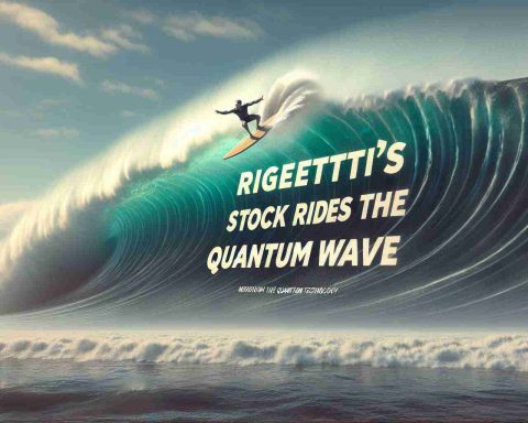 Generate a realistic HD image portraying a metaphorical representation of the concept 'Quantum Leaps'. Depict a surfboard riding atop a massive, towering wave, symbolizing the rise of Quantum technology. Overlay the words 'Rigetti's Stock Rides the Quantum Wave' in bold, impactful letters across the sky.