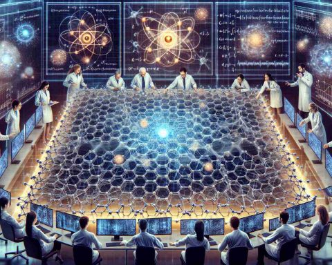 A high-definition image concept representing an unprecedented discovery in quantum physics. The central element is a detailed illustration of a sheet of graphene, atomically thin and structured like a honeycomb lattice. Bright particles, symbolizing elementary particles manipulated in quantum experiments, dance across its surface. Around this, professors in lab coats, with a gender and descent mixture of Caucasian female, Hispanic male, and Middle-Eastern female, huddle around computer screens displaying complex quantum equations and particles' movement patterns. Their faces and body language exude amazement and excitement.