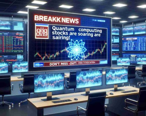 Create a realistic high definition visualization of a breaking news headline stating 'Quantum Computing Stocks are Soaring! Don't Miss Out!'. The setting should be a typical newsroom with high-tech monitors displaying graphs of stocks steadily rising. Ensure that the breaking news ticker has a prominent and clear placement.