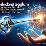 Illustrate a conceptual representation of a key labeled 'Magic' being used to unlock a complex structure representing quantum mechanics. This key opens the door to reveal a burst of light symbolizing speed. Ensure the image is of high resolution and realistic in its rendering. The text 'Unlocking Quantum Secrets: Is “Magic” the Key to Speed? Find Out!' should be included in bold letters across the top or bottom of the image.