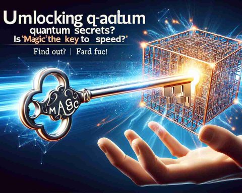 Illustrate a conceptual representation of a key labeled 'Magic' being used to unlock a complex structure representing quantum mechanics. This key opens the door to reveal a burst of light symbolizing speed. Ensure the image is of high resolution and realistic in its rendering. The text 'Unlocking Quantum Secrets: Is “Magic” the Key to Speed? Find Out!' should be included in bold letters across the top or bottom of the image.