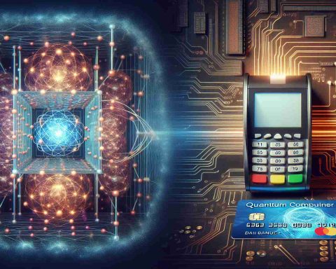 Create a high-definition, realistic image showcasing the concept of quantum computing as a revolutionary tool for payment security. Picture an intricate, glowing quantum computer with entangled particles symbolizing a new era of encryption technology. Adjacent to this, visualize a traditional payment system comprised of credit cards and secure chip readers transitioning into a futuristic payment platform enhanced with quantum secure technology.