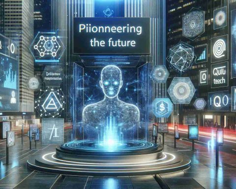 A high-definition image representing the future of technology and finance. This scene could include AI and quantum tech representations such as digital interfaces, complex algorithms, and futuristic computer designs. The backdrop could be a modern investment or tech conference stage with signs promoting the theme 'Pioneering the Future'. These elements should, together, deliver an overall sense of an imminent, hi-tech revolution.