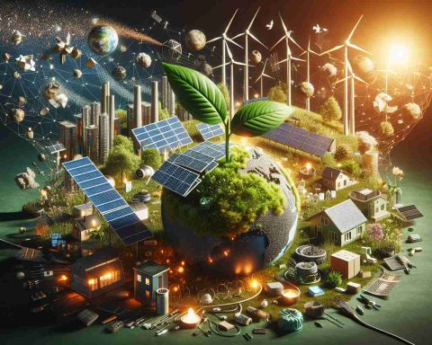 High-definition photo depicting the concept of 'The Next Big Thing' in the context of sustainable technology, portraying a diversified range of technology-based sustainable solutions aiming for a greener future. The scene includes innovations such as solar panels, wind turbines, recycled materials, and green housing. A thriving plant symbolizing our planet's future should be in the foreground. All these elements rendered in realistic style to evoke the authenticity and immediacy of the subject.