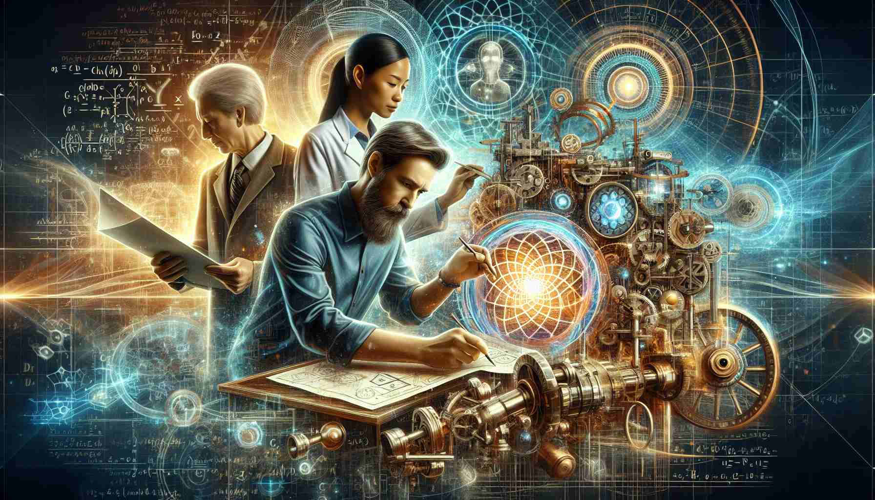 Create a representation of a game-changing partnership in the field of Quantum Technology. Feature two figures illustrating collaboration, with one being an Asian male scientist working on a complex piece of quantum tech equipment and the other, a Black female scientist consulting some blueprints. Exaggerate the scope of their work by making the background filled with quantum diagrams, mathematical equations, and technological advancements. The theme of this vivid, detailed image is revolutionary and focused on major development. The style is realistic and high-definition.