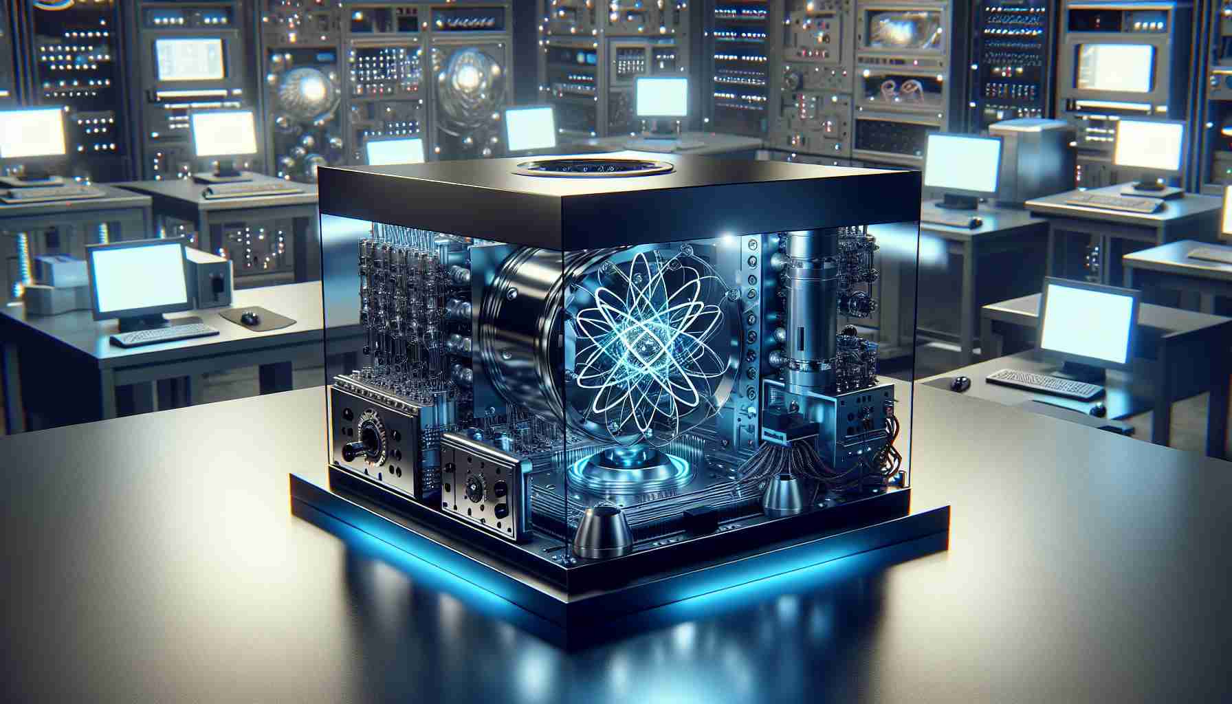 Picture a scene representing the latest breakthrough in quantum science. Centered in the image is a high-definition representation of a newly unveiled quantum atom simulator in a modern laboratory setting. The sleek cutting-edge device, boasting a blend of shining silver and black colors, is surrounded by a variety of smaller peripheral devices and intricate wiring. Cool blue lights emit from the simulator, suggesting its operational state, while the ambient illumination casts a soft glow on the surrounding tables and equipment.