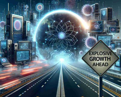 Generate an image portraying the concept of massive growth or expansion. Include elements that denote cutting-edge technology, such as abstract quantum computers or futuristic security devices. Incorporate a roadway metaphor, with a sign reading 'Explosive Growth Ahead' to signify forward momentum. Set the composition in a modern, professional atmosphere to reflect the context of a rapidly growing tech company.