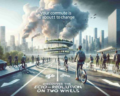 High-definition image concept reflecting an eco-friendly revolution in daily commuting. Visualization of a modern, sustainable city landscape with bicycle lanes bustling with individuals on electric bikes, cycling to work or other destinations. The sky is partly cloudy yet bright, indicating early morning or late afternoon. Text overlays in an appealing, modern font read: 'Your Commute is About to Change. Discover the Eco-Revolution on Two Wheels'. The emphasis is on the shift towards green, sustainable modes of transport and a healthier lifestyle.