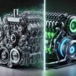 A realistic high-definition image of a traditional combustion engine on the left. It's complex with metal components and emitting faint smoky exhaust. On the right, display a sleek, futuristic green energy engine with vibrant LED indicators and no emission. They are separated by a vertical line with glowing text in the middle saying 'Is This the End of Traditional Engines? Discover the Future of Fuel!'