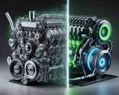 A realistic high-definition image of a traditional combustion engine on the left. It's complex with metal components and emitting faint smoky exhaust. On the right, display a sleek, futuristic green energy engine with vibrant LED indicators and no emission. They are separated by a vertical line with glowing text in the middle saying 'Is This the End of Traditional Engines? Discover the Future of Fuel!'