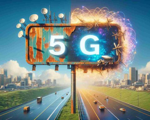 Create a realistic and high-definition image visualizing the concept of 5G technology becoming outdated, and the advent of 6G technology. Suggest this through symbols, like an old rusty signboard for 5G and a shiny, new billboard for 6G looming large and ushering in the next-gen wireless technology.