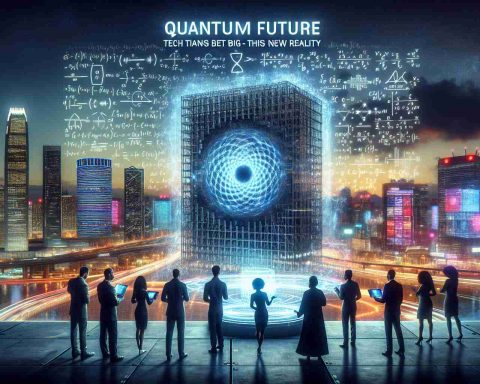 Imagine a futuristic magazine cover with the headline 'Quantum Future: Tech Titans Bet Big. Are We Ready for This New Reality?'. The cover should feature a city skyline at dusk with sparkling lights and neon billboards. Emerging from the cityscape, the silhouette of a gigantic futuristic quantum computer dominates the scene, its intricate details visible as high-definition graphics. In the fore ground an array of diverse people, including a Caucasian male scientist, a Black female engineer, a South Asian male innovator and a Middle-Eastern female tech leader, all studying a holograph that displays equations and quantum technology concepts.