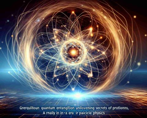 Imagine an image symbolizing the groundbreaking science of quantum entanglement unlocking secrets of protons. Picture a proton in the centre, with lines of energy creating an intricate web around it, visually indicating a new era in particle physics. All should be in HD to capture the minute details.