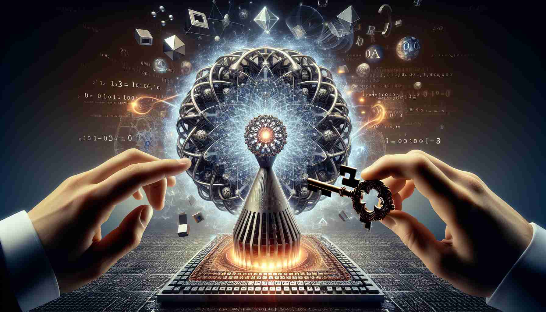 A high-definition, realistic imagery that symbolizes the concept of 'Unlocking Quantum Computing Speed'. In the center, there should be a massive, complex quantum computer, designed with spinning quantum bits, glowing with energy. In the background, hands of two people, a Middle-Eastern male and a Caucasian female, metaphorically turning a large, ornate key into the quantum computer, symbolising the collaboration required for this game-changing technology. The atmosphere should be filled with floating geometric shapes, binary numbers, and equations to add a technical, futuristic aesthetic to the scene.