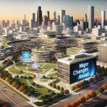 A detailed realistic high definition image of a cutting-edge, revolutionary quantum research campus to be developed in a city resembling Chicago. The campus includes state of the art laboratories, modern architectural buildings, lush green spaces, and student gathering spots. This forward-thinking technology hub sits prominently against the city skyline suggestive of Chicago, with tall buildings and the city's iconic river. Communication boards across the campus announce 'Major Changes Ahead', capturing the excitement and anticipation of this innovative technology's new era.