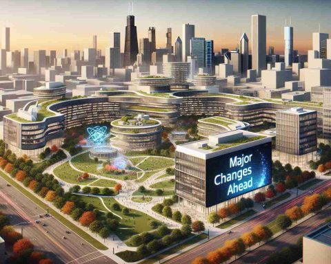 A detailed realistic high definition image of a cutting-edge, revolutionary quantum research campus to be developed in a city resembling Chicago. The campus includes state of the art laboratories, modern architectural buildings, lush green spaces, and student gathering spots. This forward-thinking technology hub sits prominently against the city skyline suggestive of Chicago, with tall buildings and the city's iconic river. Communication boards across the campus announce 'Major Changes Ahead', capturing the excitement and anticipation of this innovative technology's new era.