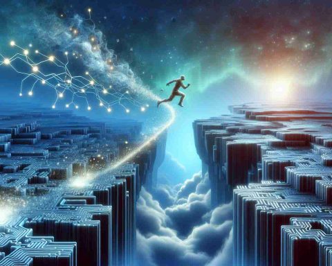 A high-resolution realistic style image that symbolizes a noteworthy and unexpected progression in quantum technology. Imagine a quantum leap as a physical entity, such as a gigantic leap across a chasm, and link this concept to the transformation of technology. The whole scene could contain elements that symbolize technology such as circuits, wires, digital flows, and quantum representations like particles, atoms or quantum states.