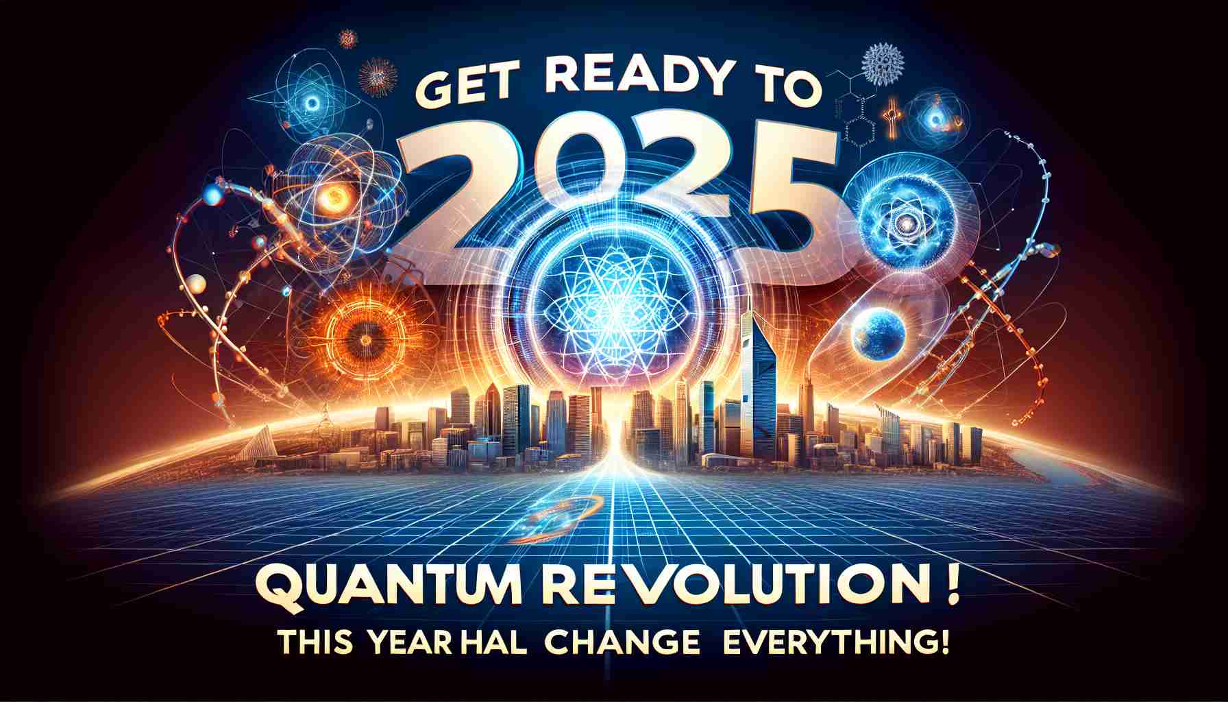 Create a visually striking graphic that heralds the forthcoming Quantum Revolution in 2025! The key themes are dramatic transformation and disruptive innovation. The main slogan is 'Get Ready for Quantum Revolution in 2025! This Year Will Change Everything!'. Design the image in a realistic, high-definition style.