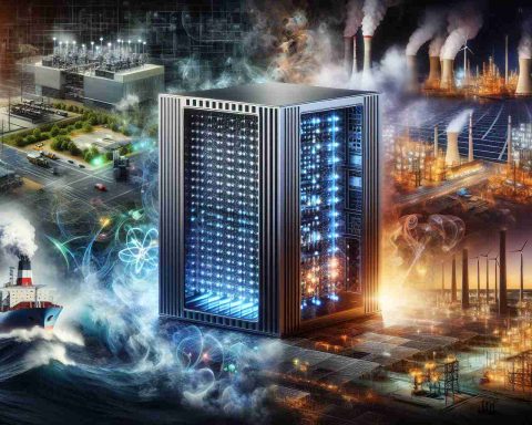 A detailed, high-definition image that represents the concept of quantum computers revolutionizing the future against the unsolvable issue of unsustainable energy. At the center of the image is a sleek, modern quantum computer standing tall with lights glowing, signifying power and potential. Around it, there's a juxtaposition of chaos and calm, depicting the current energy crisis. Images represent the unsustainable energy, such as smoke billowing from factories, pollution in water bodies. Contrasting that, we see snippets of quantum solutions, be it renewable energy production like windmills and solar panels or battery technology for efficient power storage.