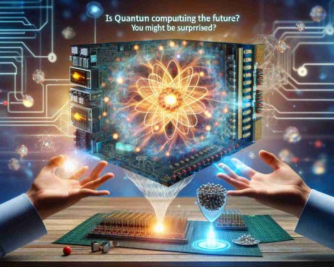 Create a realistic High definition photo displaying the concept of quantum computing indicating its significance in the future. The scene should show a fusion of modern technology and future possibilities filled with surprise elements. It might involve quantum circuits, quantum bits or qubits, classical and quantum devices meshed together. Add text to the image that reads, 'Is Quantum Computing the Future? You Might Be Surprised!'