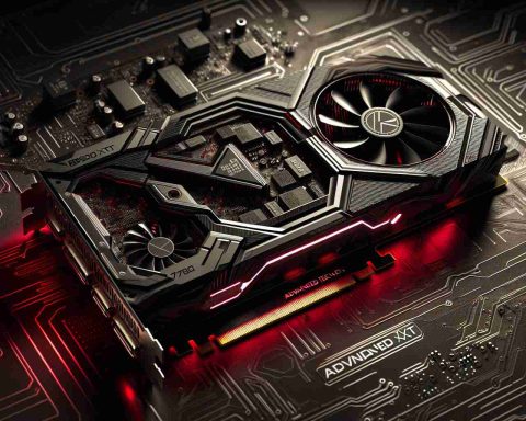 Create an HD quality, realistic image of an advanced, high-performance graphic card in an exclusive setting. Craft the card with a sleek, red-black color scheme and intricate circuitry visible. Scribe '8700 XT' in bold, metallic letters on the side and the label 'Advanced Technology' beneath it. Try to highlight its fan and heat sink structure and illustrate futuristic led lights surrounding its body.