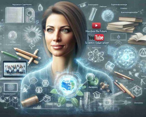 Realistic HD image of a hypothesis on the future of science education, emphasizing the power of online platforms such as YouTube. Include elements such as digital classrooms, representation of science fields, and symbols of innovation. For human representation, depict a Caucasian female educator.