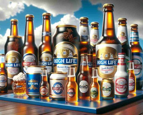 Realistic high-definition image featuring a variety of mini-brewed beverages representing the future of beverage innovation. Complemented by an elaborate yet fictitious traditional beer brand, dubbed as the 'High Life', undergoing a reimagination process to enhance the pleasure of consumption.