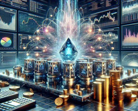 A highly detailed, realistic image in high definition, showcasing the concept of 'Quantum Computing: Unveiling a New Investment Goldmine'. The focal point is an array of quantum computers - strange, futuristic machines humming with energy, glowing in cold colors. The surrounding environment is sleek and polished, representing a profitable investment venture. Stocks, bonds, gold bars and coins are subtly integrated into the setting, indicating the goldmine of opportunity. Charts and diagrams about digital investments are projected into the air, giving an advanced, high-tech feel. Please convey the immense potential for lucrative investment in this emerging technology.