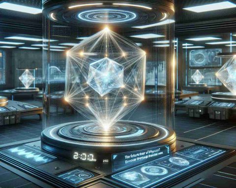 A detailed and realistic image that showcases time crystals. Represented as complex and luminous geometric structures, they are reminiscent of futuristic concepts in physics. Embedded within a physics lab setting, the crystals glow with potential and their breakthrough capabilities in advancing the field of physics are visually suggested. The environment should be filled with a sense of awe and wonder. On the side, a tangible digital display elaborates on their potential impact, with projected graphics and text stating: 'The Future of Physics? Discover Their Breakthrough Potential Now.'