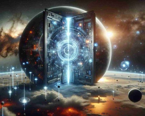 A high-definition and realistic image depicting the concept of 'Unlocking the Future: Quantum Technology in Space'. This image showcases a stylized view of a large futuristic door in the vast expanse of outer space, opening to reveal bright quantum computing symbols and complex futuristic technology. The door is orbited by tiny satellites, which are beaming brightly illuminated data towards it. Around the door, the somber view of galaxies, nebulae and distant stars creates an awe-inspiring contrast. The scene embodies the limitless potential of quantum technology in space exploration and our journey towards the future.