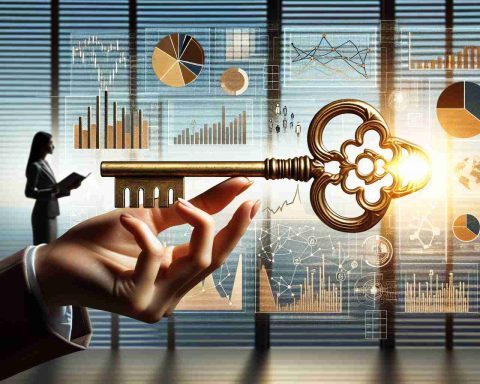 An ultra High Definition photo illustrating the concept of 'Unlocking Investment Potential'. Included elements are a vintage, brass key symbolizing 'unlocking', and a variety of graphs and pie charts on a large display representing 'Smart Stock Research'. The key could be held by a South Asian woman in a business suit, pointing towards the charts. Background should be an office-like setting with soft evening light filtering through venetian blinds.