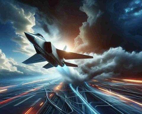 A realistic high-definition image of a futuristic fighter jet design experiencing turbulence. There is an air of uncertainty regarding its future potential. Questions linger in the air about the viability of the project and whether it will ever successfully take off.