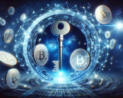 Image of a key turning inside the lock of a transparent space containing multiple virtual coins floating around, symbolizing cryptocurrencies. The background should be a starlit sky, enhancing the feeling of outer space. Add quantum-related elements, such as digital strands or binary codes, to evoke a sense of quantum computing in the scene. Make the image to appear highly detailed and in HD quality.