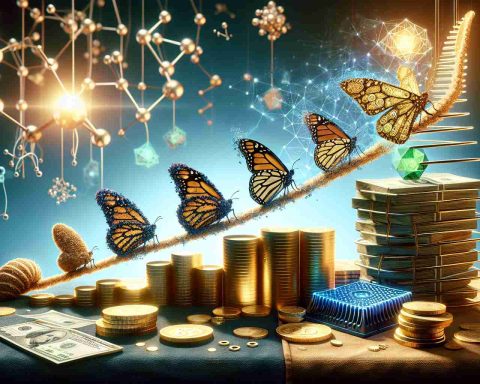 A high-definition, photo-realistic digital representation of the concept 'Revolutionizing Investment: The Price of Quantum AI'. The scene should include symbols of evolution, such as a cocoon transforming into a butterfly, but applied to money and technology. The cocoon could be represented by traditional investment tools (gold bars, coins, dollar bills) while butterflies could be ultra-modern tech devices (quantum computers, AI chip). Visual metaphors for quantum physics, such as particles, waves, and entanglement, are also scattered throughout the image. All these elements are interconnected suggesting the dynamic, interrelated nature of economy and technology.