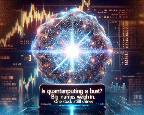 Generate a detailed, high-definition image representing the concept of 'Quantum Computing'. Include the phrase 'Is Quantum Computing a Bust? Big Names Weigh In. One Stock Still Shines' in an attractive typeface on the image. The background should be filled with allusions to digital technology, binary codes, and futuristic elements, while a glowing stock market graph symbolizes the 'One Stock Still Shines'.