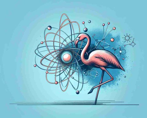 Generate an HD image illustrating the concept of a flamingo interacting with the representation of a quantum leap, denoted by symbolizations related to physics and quantum mechanics. The flamingo should be portrayed in a realistic style and be the central entity of the piece, indicating that it's not only associated with birds but also with groundbreaking scientific concepts.