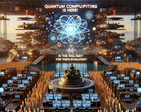 Visualize a high-definition, hyper-realistic concept: 'Quantum Computing is Here!'. This conceptualization should include elements of quantum mechanics such as atom and electron visualizations, quantum bits (also known as qubits), superpositions, and entanglement. To portray the second part of the concept 'Is the Military Ready for the Revolution?', illustrate an impression of a generic military base with cutting-edge technology, filled with anticipation and readiness for the quantum revolution. Avoid any real military specifics or symbols to keep the representation general. The overall scene emphasizes the revolutionary impact of quantum computing on future warfare and security strategies.